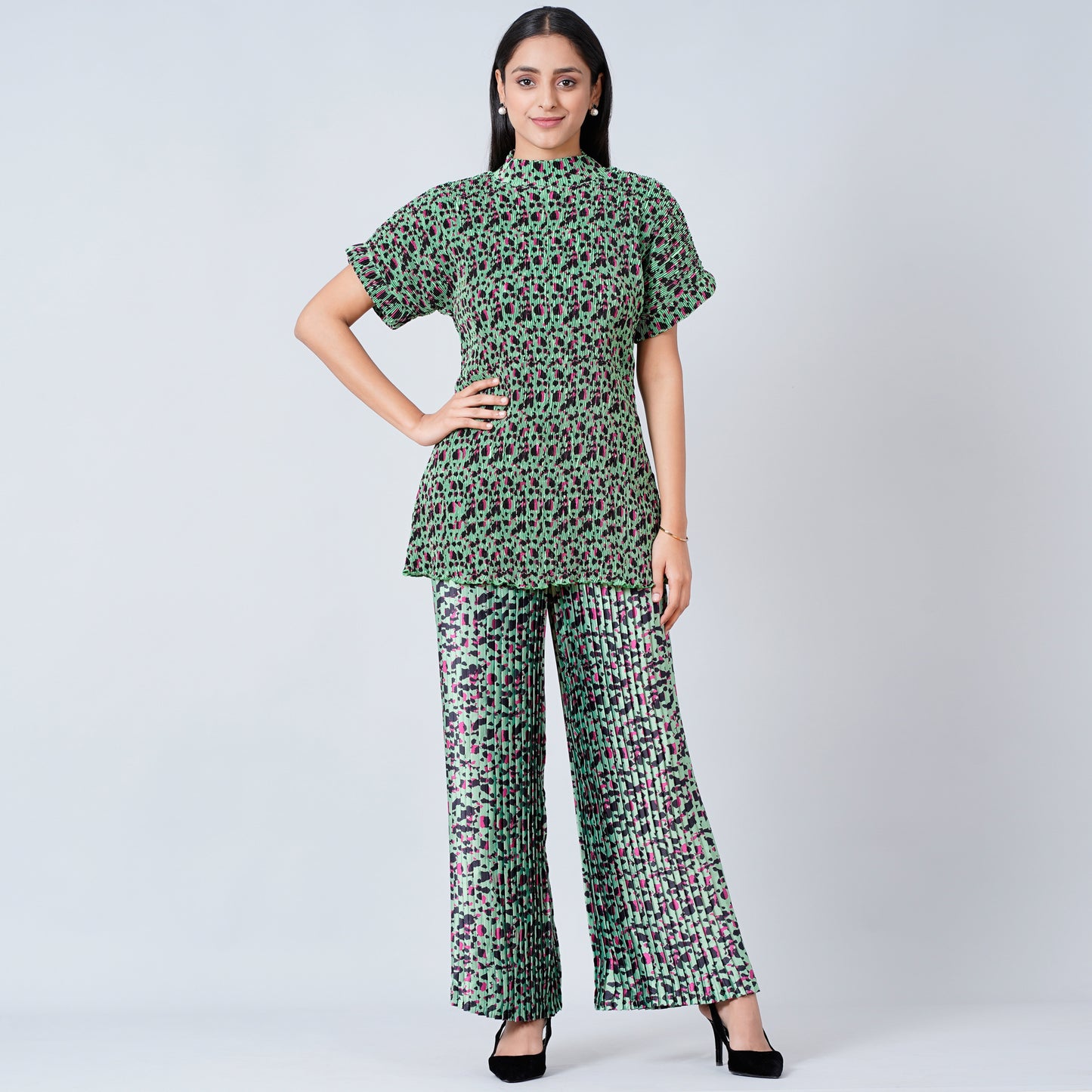 Green Animal Print Top and Knife Pleated Palazzo Set