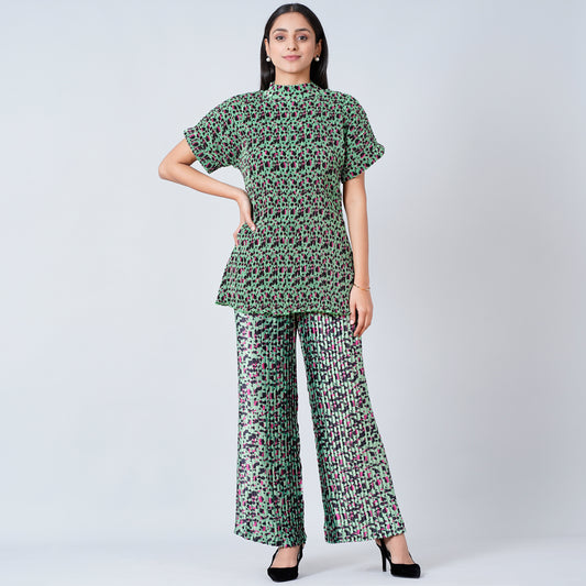 Green Animal Print Top and Knife Pleated Palazzo Set