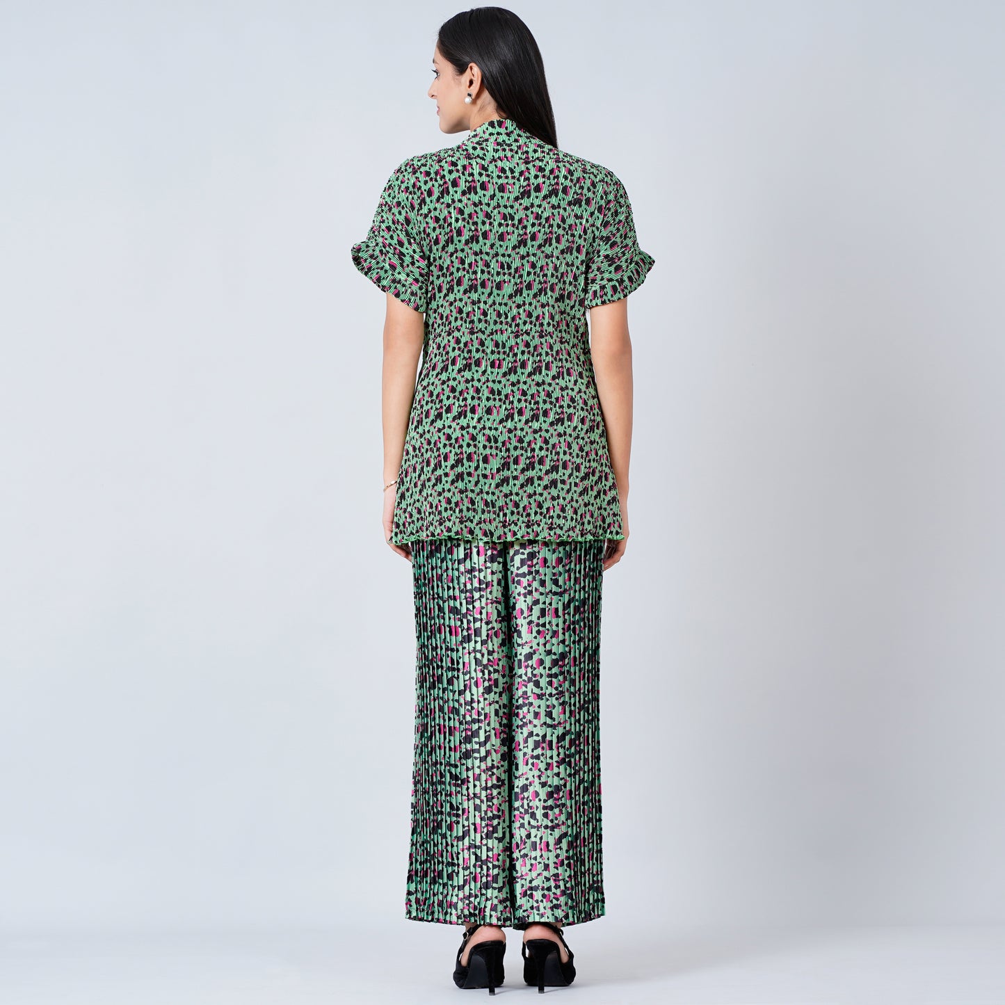 Green Animal Print Top and Knife Pleated Palazzo Set