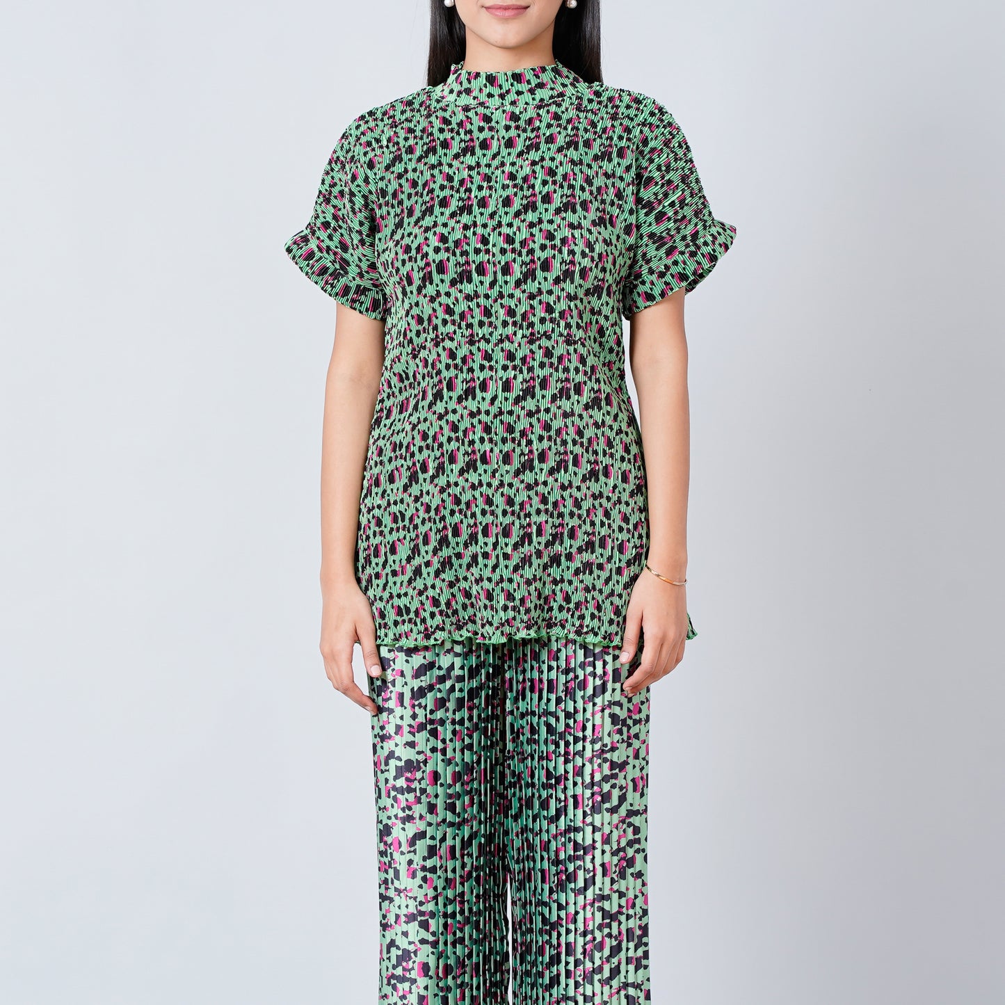 Green Animal Print Top and Knife Pleated Palazzo Set