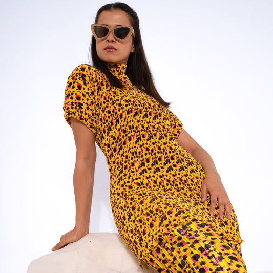 Yellow Animal Print Top and Knife Pleated Palazzo Set