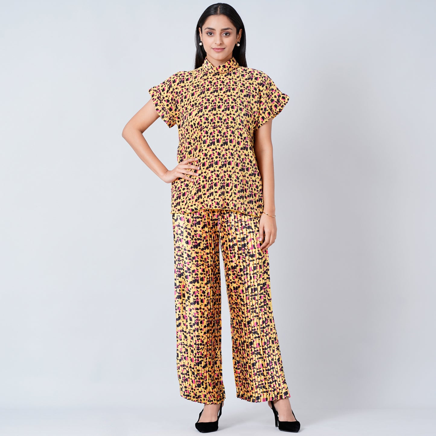 Yellow Animal Print Top and Knife Pleated Palazzo Set