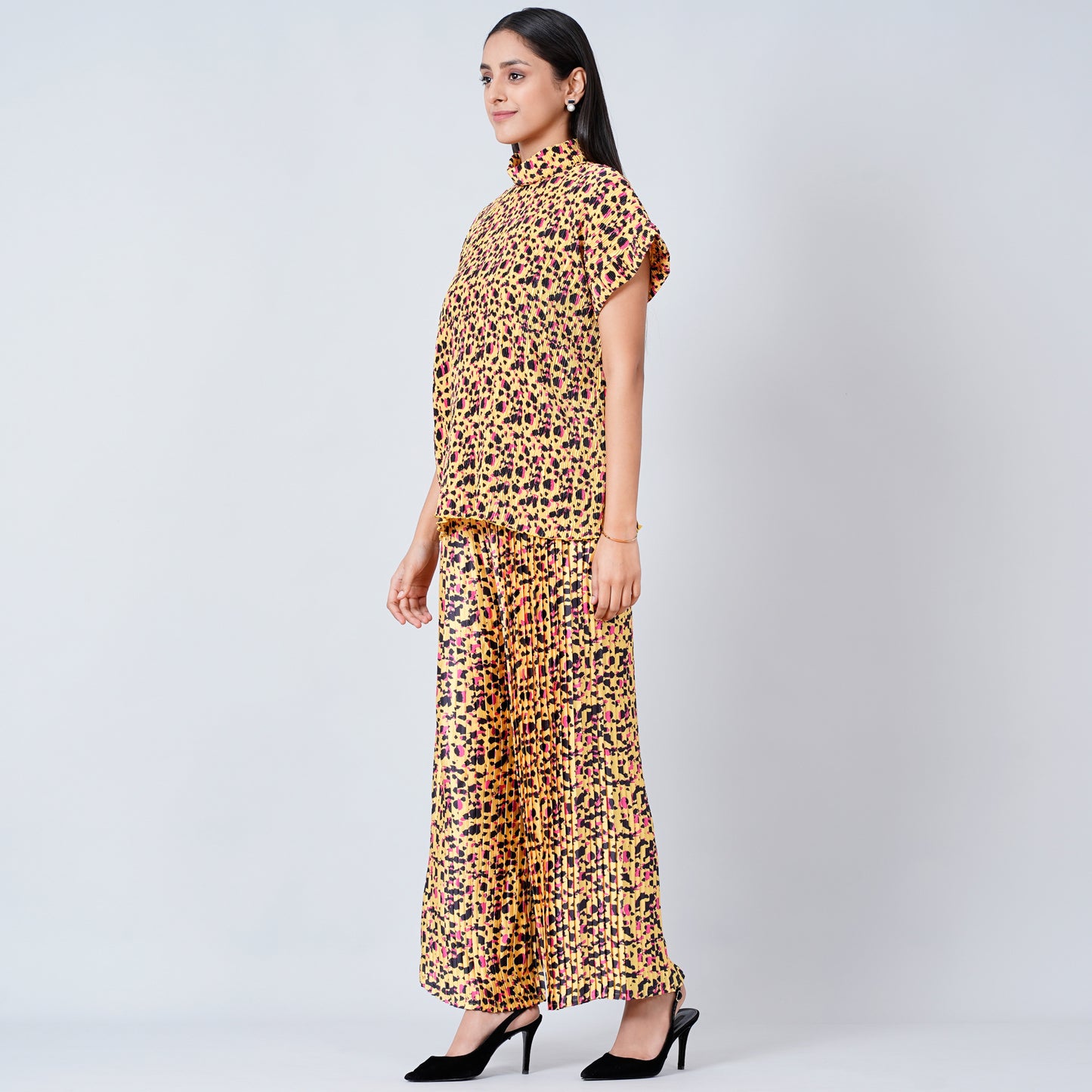 Yellow Animal Print Top and Knife Pleated Palazzo Set