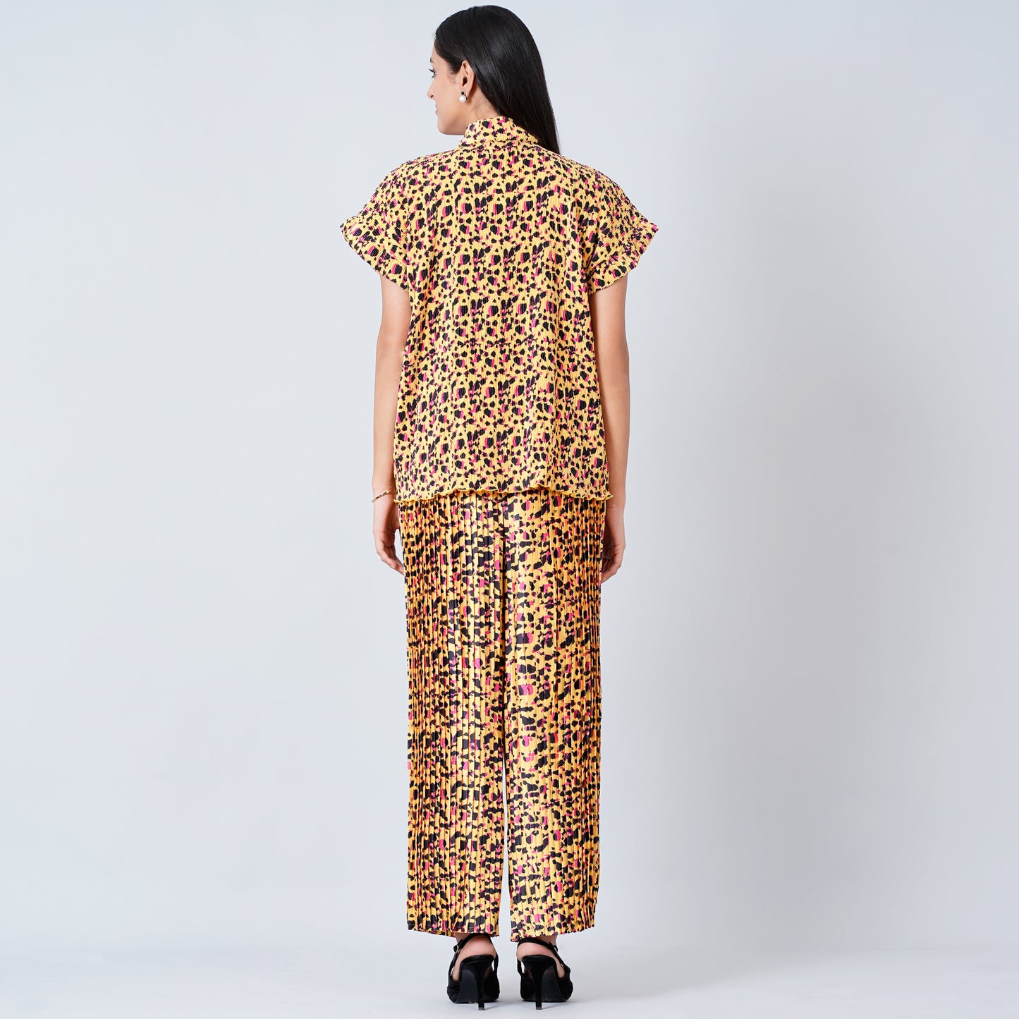 Yellow Animal Print Top and Knife Pleated Palazzo Set