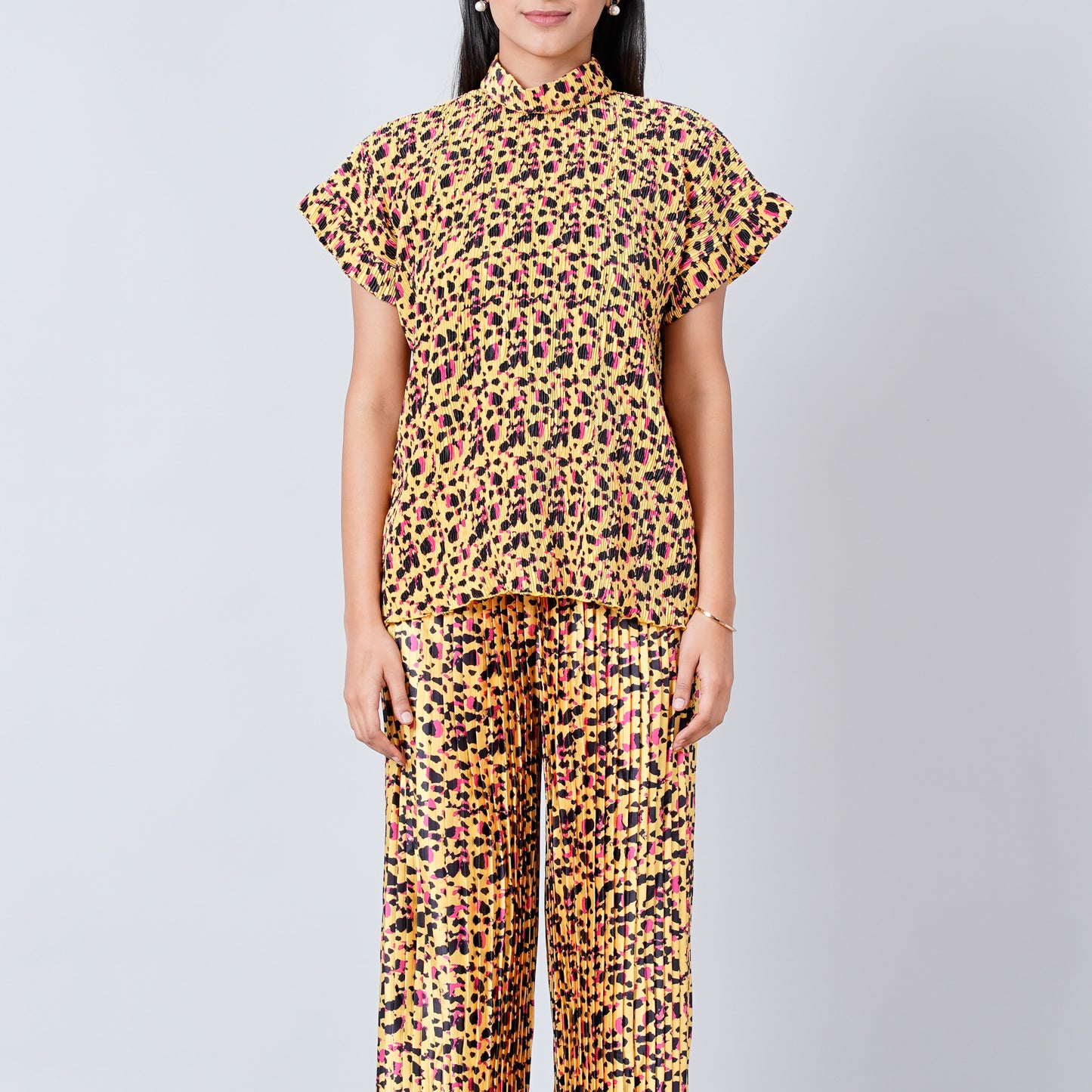 Yellow Animal Print Top and Knife Pleated Palazzo Set