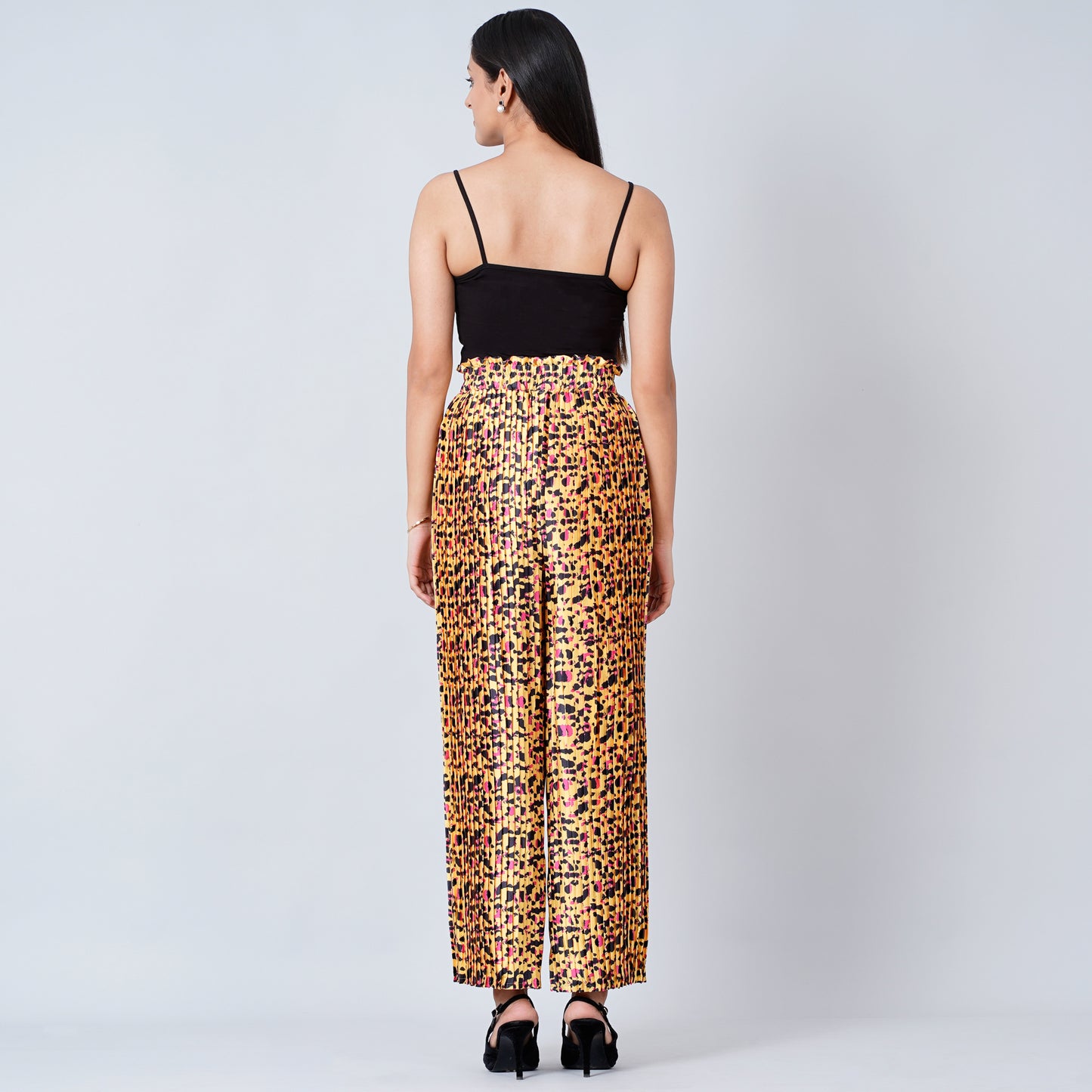 Yellow Animal Print Top and Knife Pleated Palazzo Set