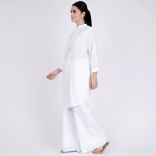 White Nehru Collar Kurta and Embroidered Pants Set