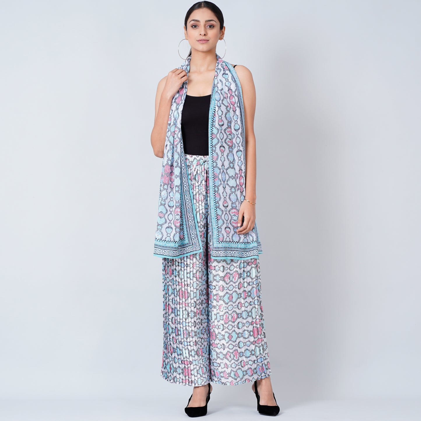 Blue Geometric Pleated Palazzo and Stole Set