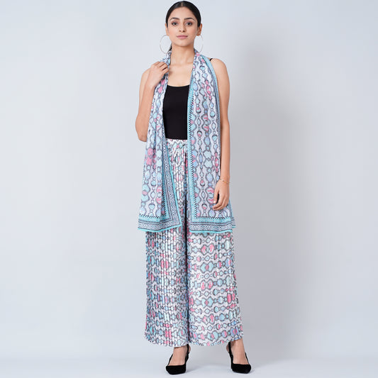 Blue Geometric Pleated Palazzo and Stole Set