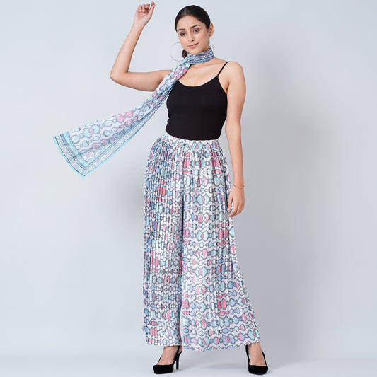 Blue Geometric Pleated Palazzo and Stole Set