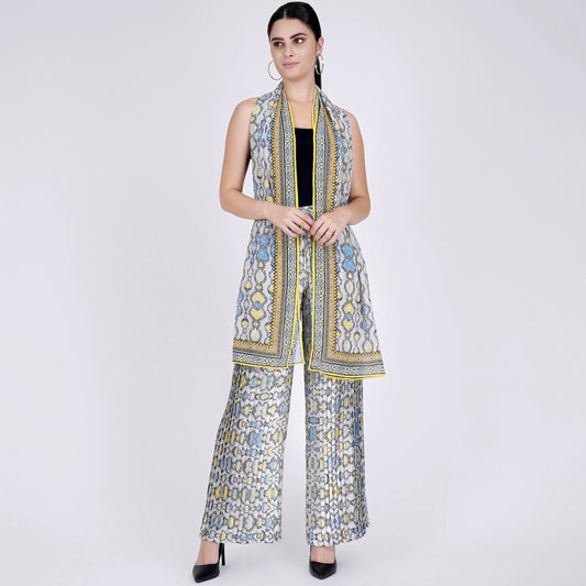 Yellow Geometric Pleated Palazzo and Stole Set