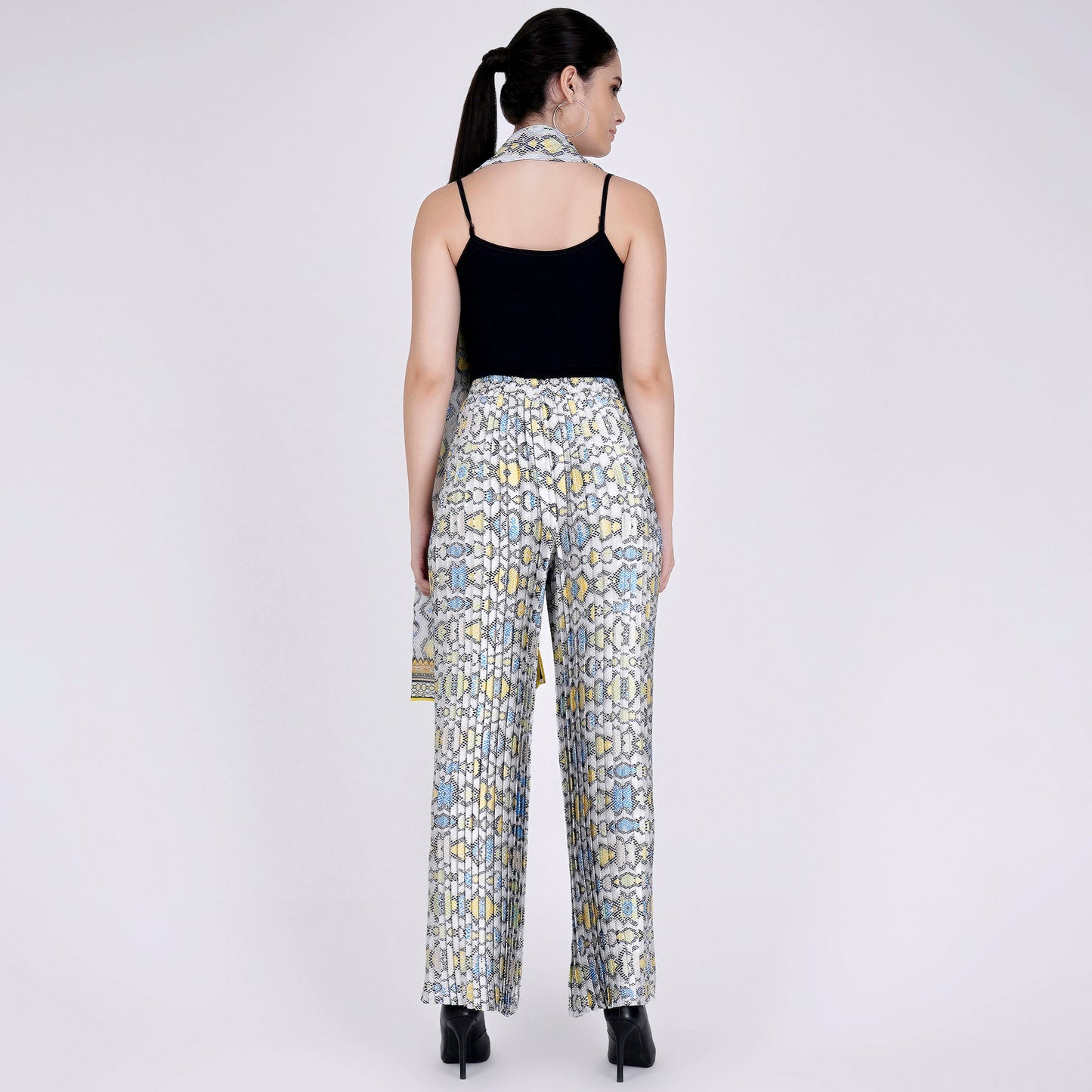 Yellow Geometric Pleated Palazzo and Stole Set