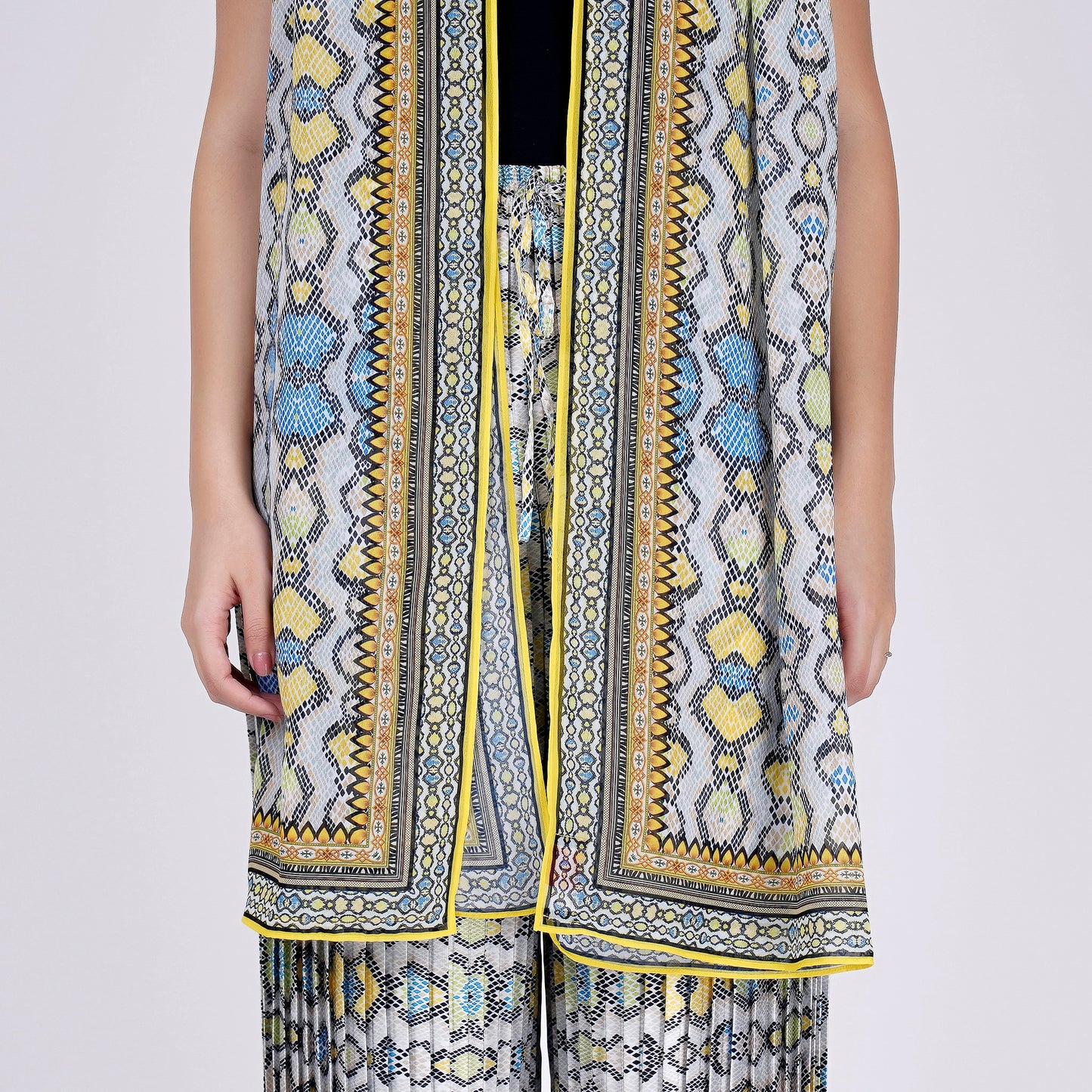 Yellow Geometric Pleated Palazzo and Stole Set