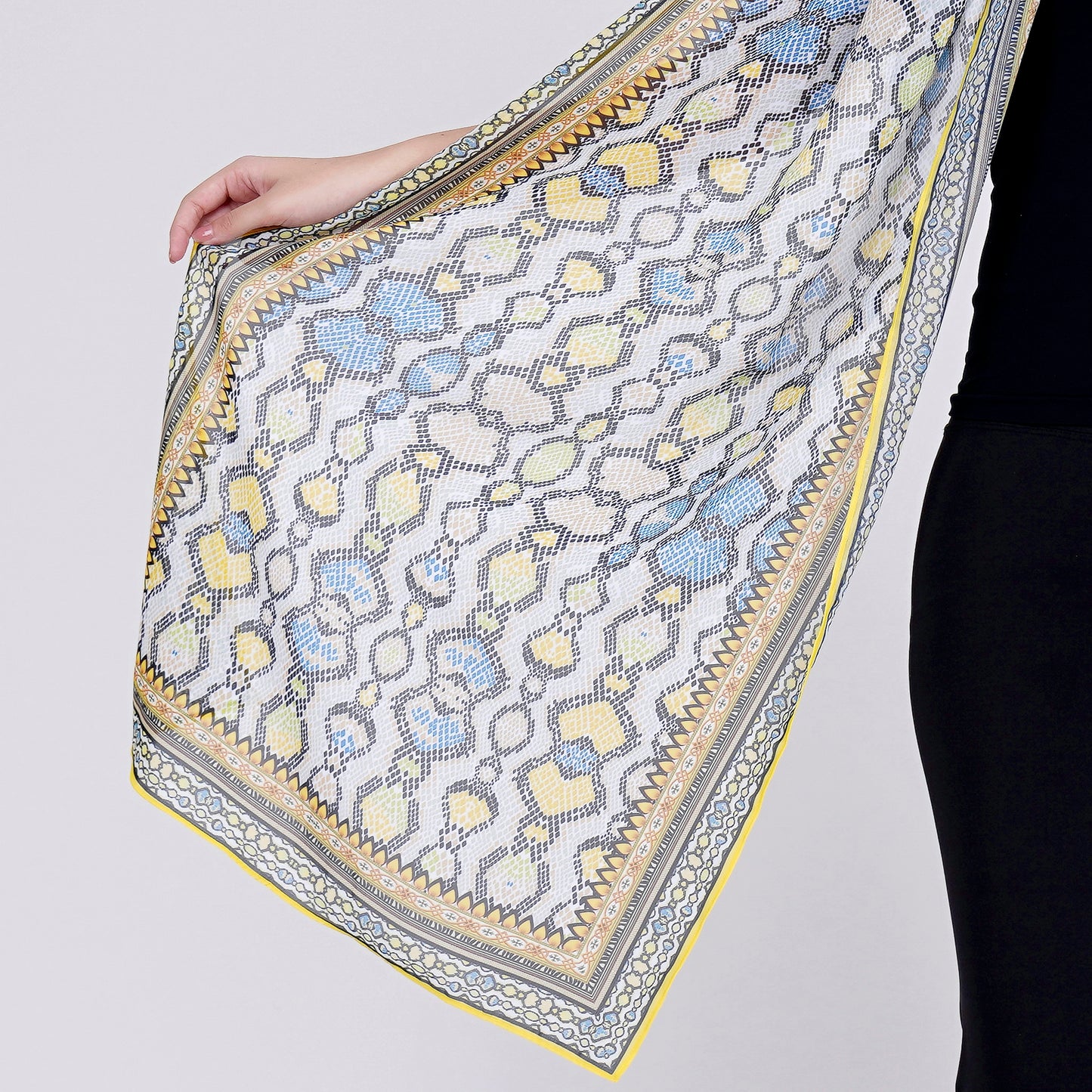 Yellow Geometric Pleated Palazzo and Stole Set