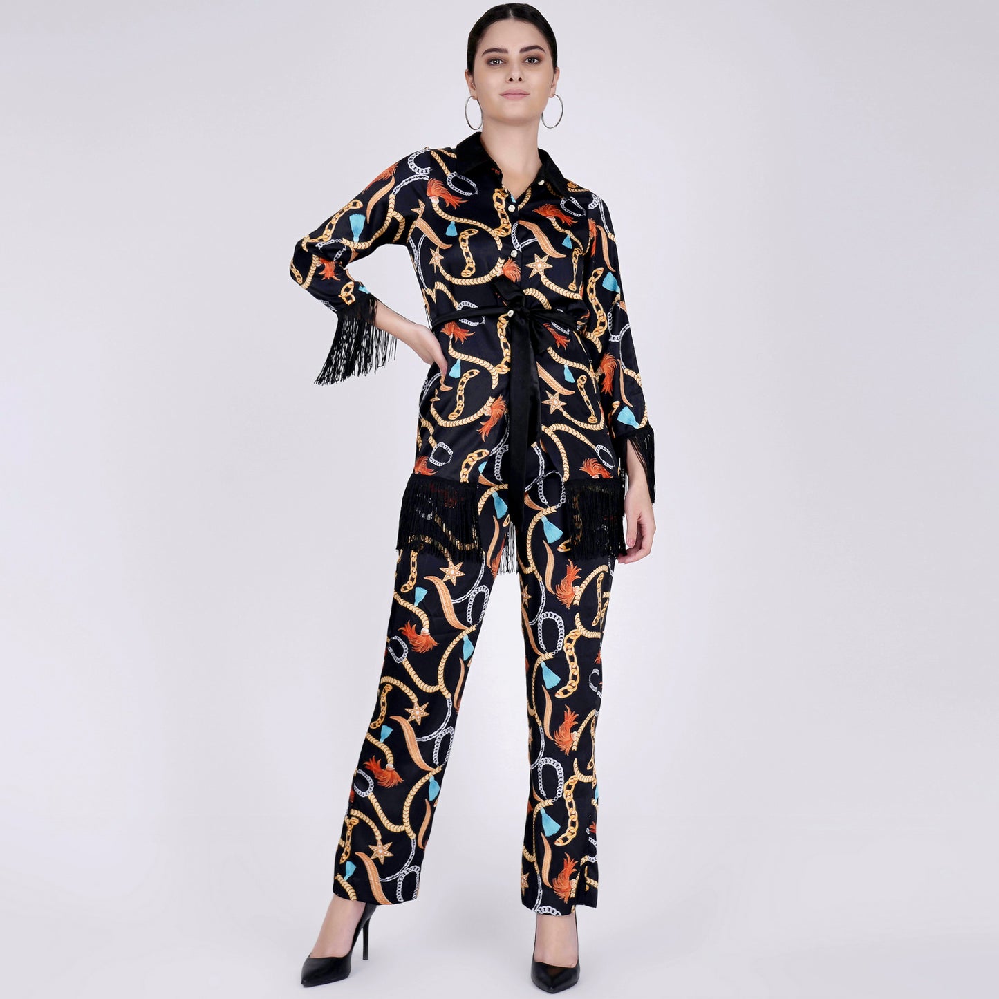 Black Chain Print Shirt and Palazzo Pants Set