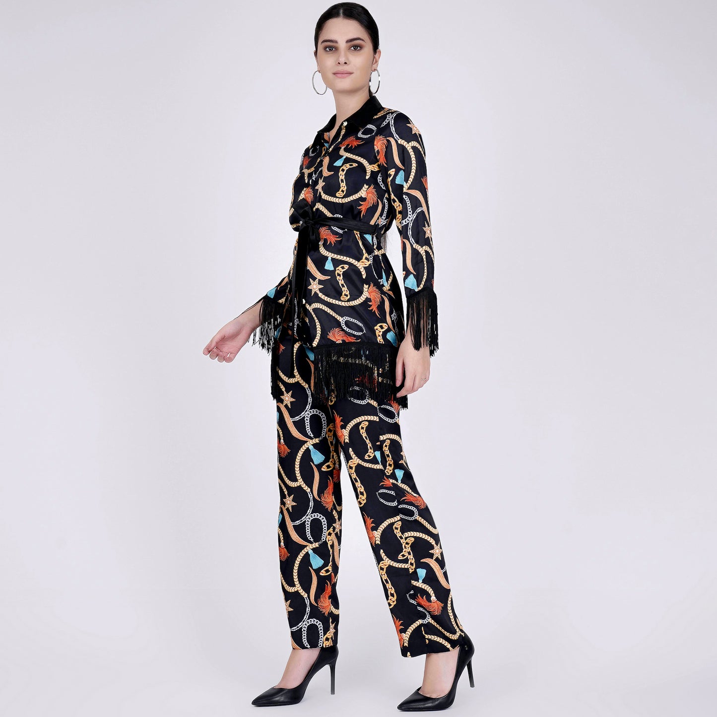 Black Chain Print Shirt and Palazzo Pants Set