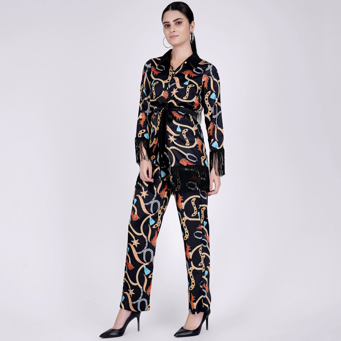 Black Chain Print Shirt and Palazzo Pants Set