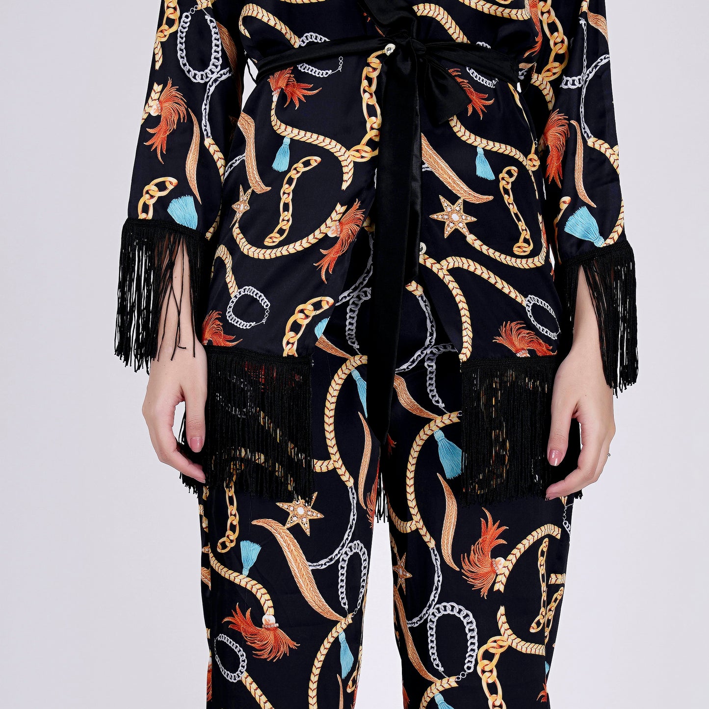 Black Chain Print Shirt and Palazzo Pants Set