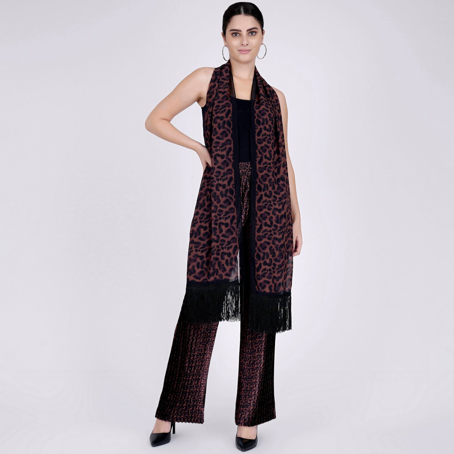 Brown Animal Print Pleated Palazzo and Stole Set