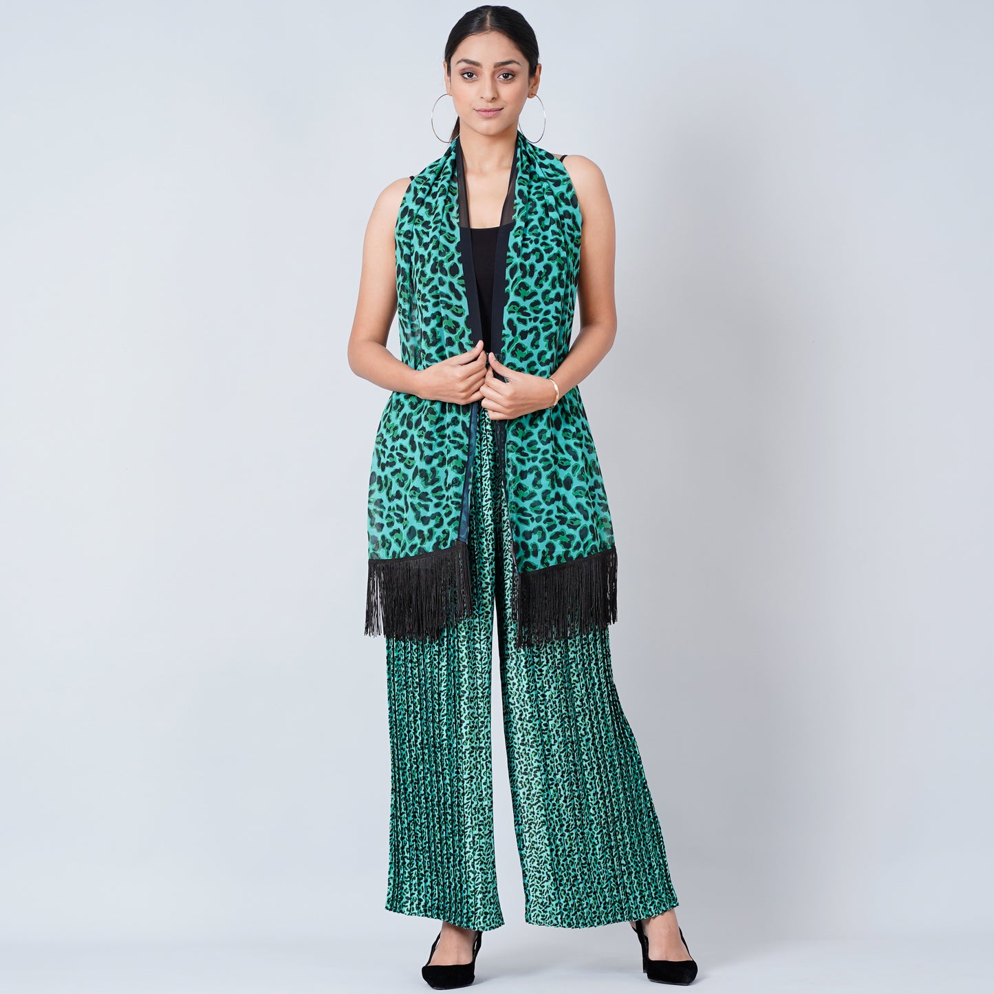 Green Animal Print Pleated Palazzo and Stole Set