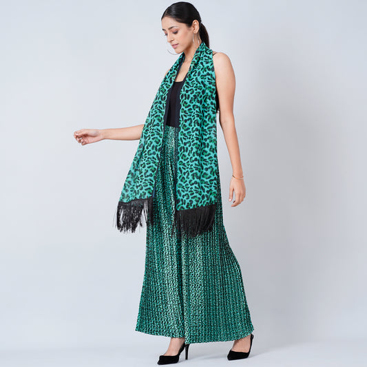 Green Animal Print Pleated Palazzo and Stole Set