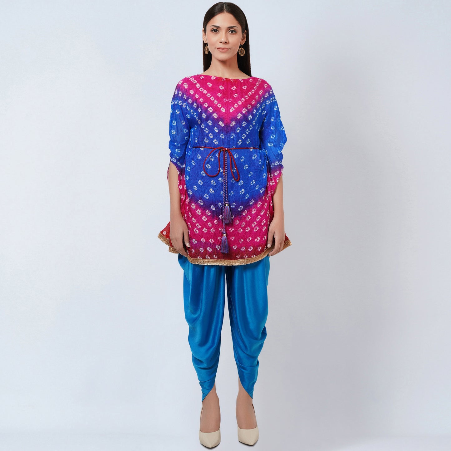 Pink and Blue Bandhani Tunic with Blue Dhoti Pants Set