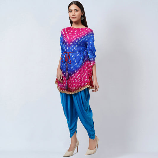 Pink and Blue Bandhani Tunic with Blue Dhoti Pants Set