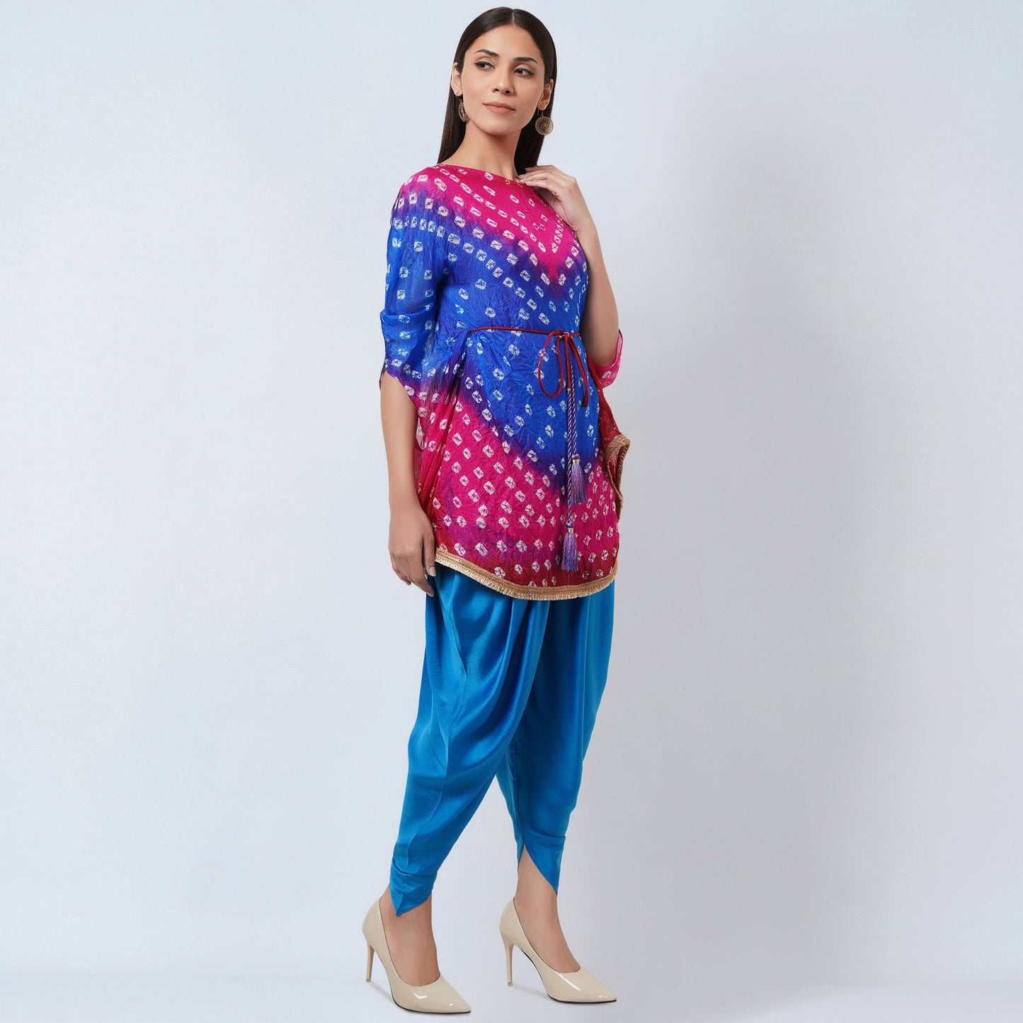 Pink and Blue Bandhani Tunic with Blue Dhoti Pants Set