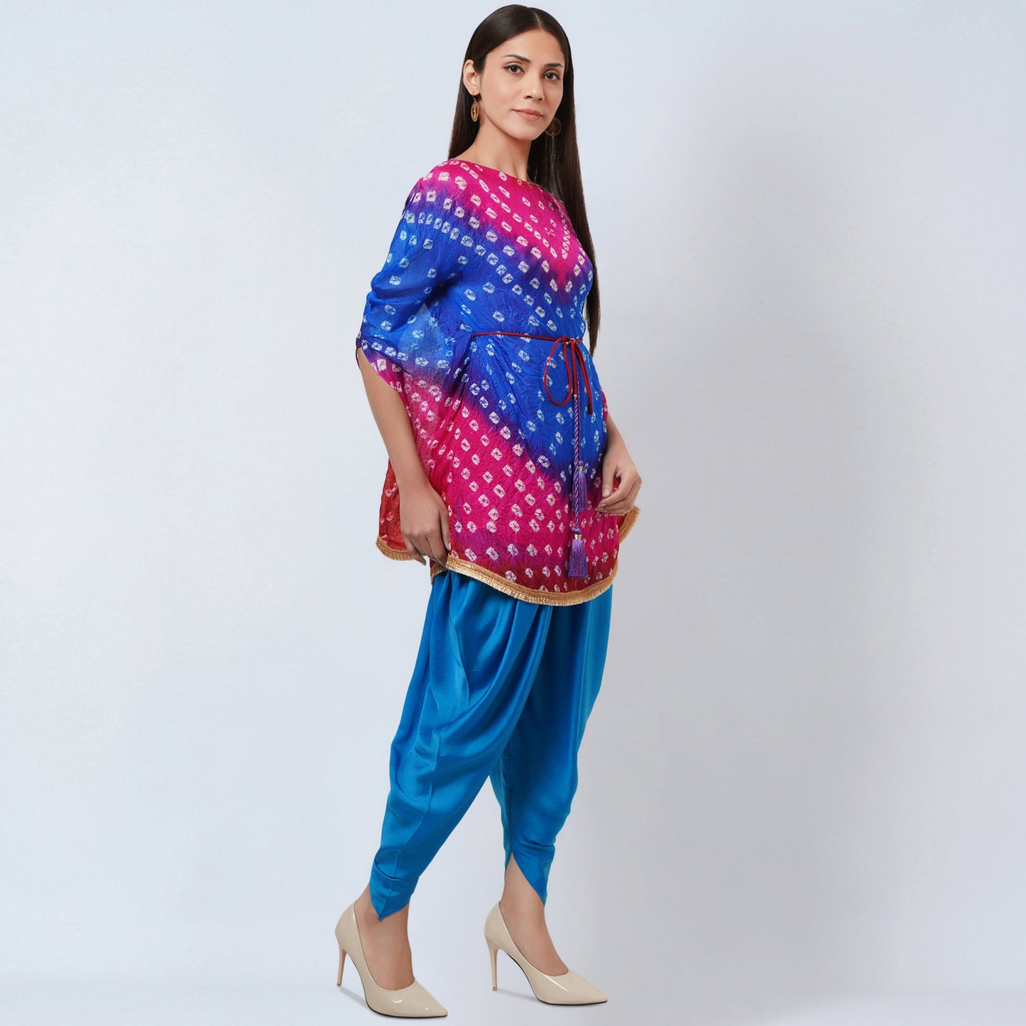 Pink and Blue Bandhani Tunic with Blue Dhoti Pants Set