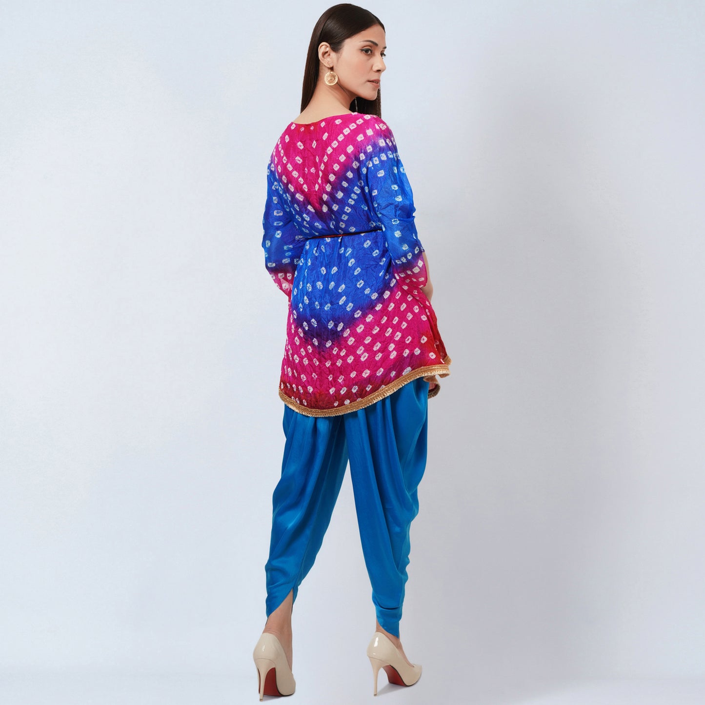 Pink and Blue Bandhani Tunic with Blue Dhoti Pants Set