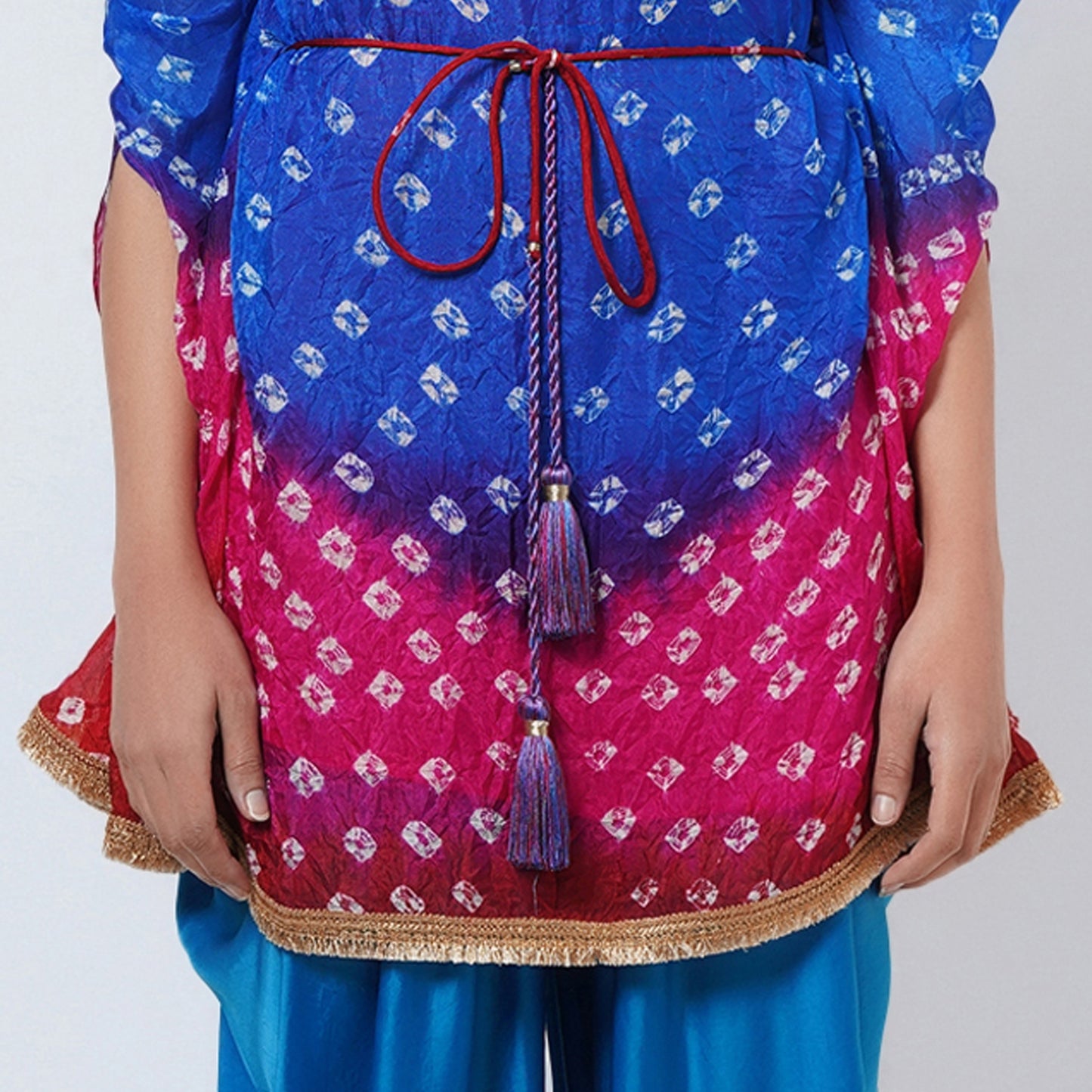 Pink and Blue Bandhani Tunic with Blue Dhoti Pants Set
