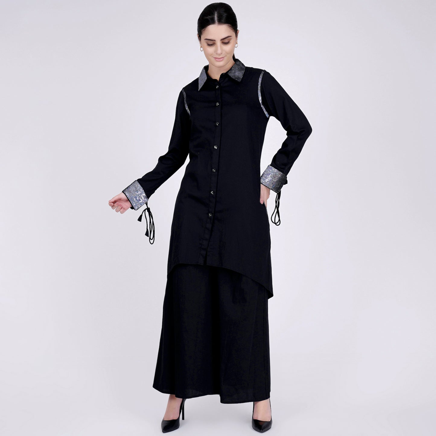 Black Sequined Shirt Dress and Wide Leg Pants