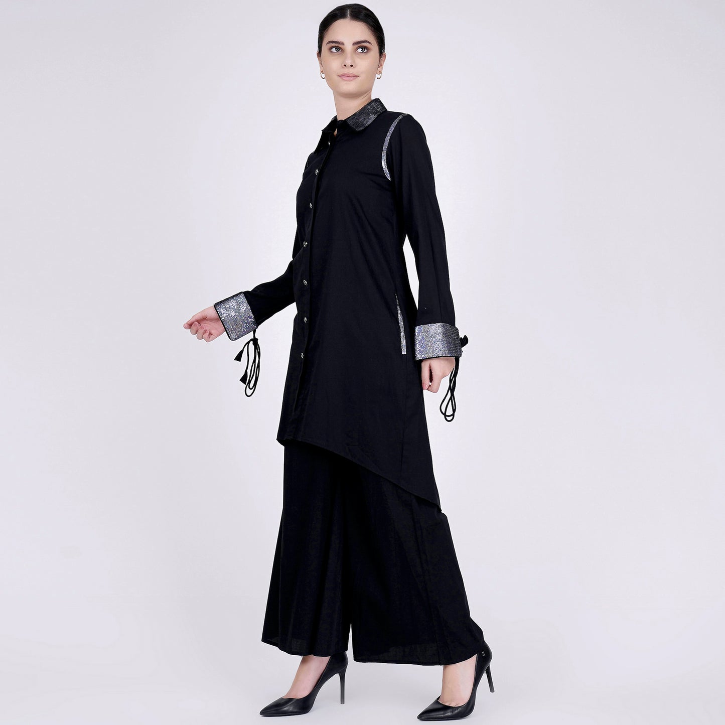 Black Sequined Shirt Dress and Wide Leg Pants