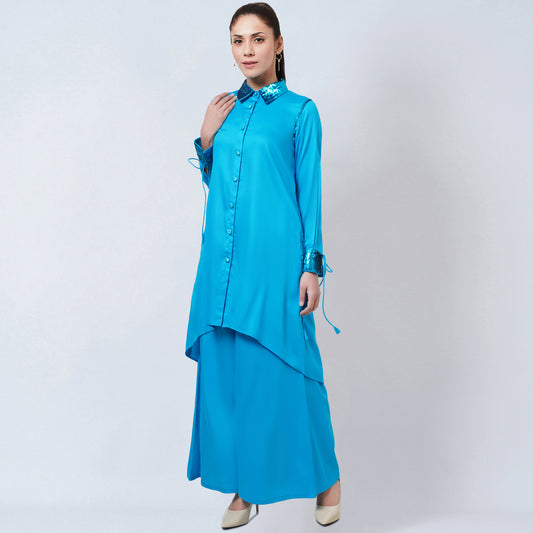 Blue Sequinned Shirt Dress and Wide Leg Pants