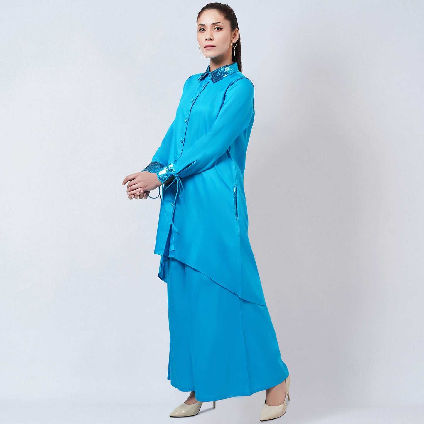 Blue Sequinned Shirt Dress and Wide Leg Pants