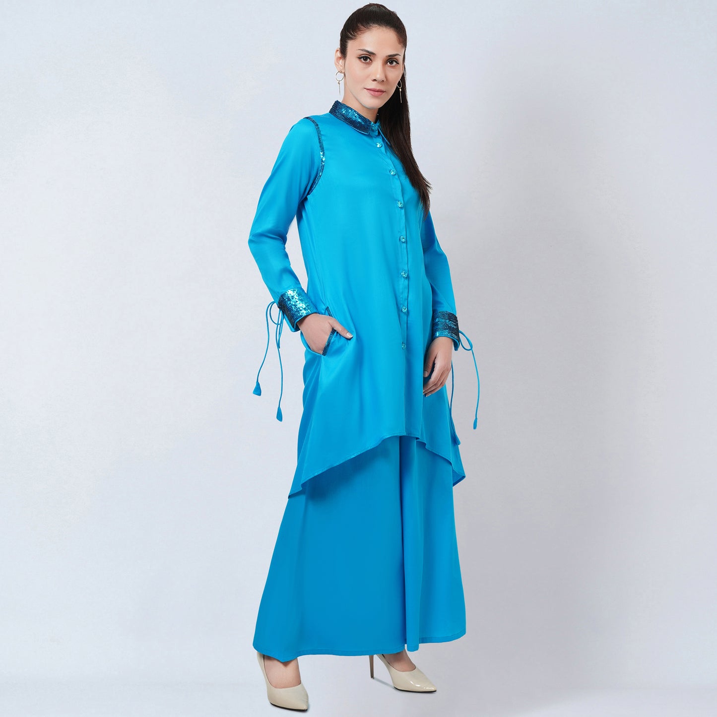 Blue Sequinned Shirt Dress and Wide Leg Pants
