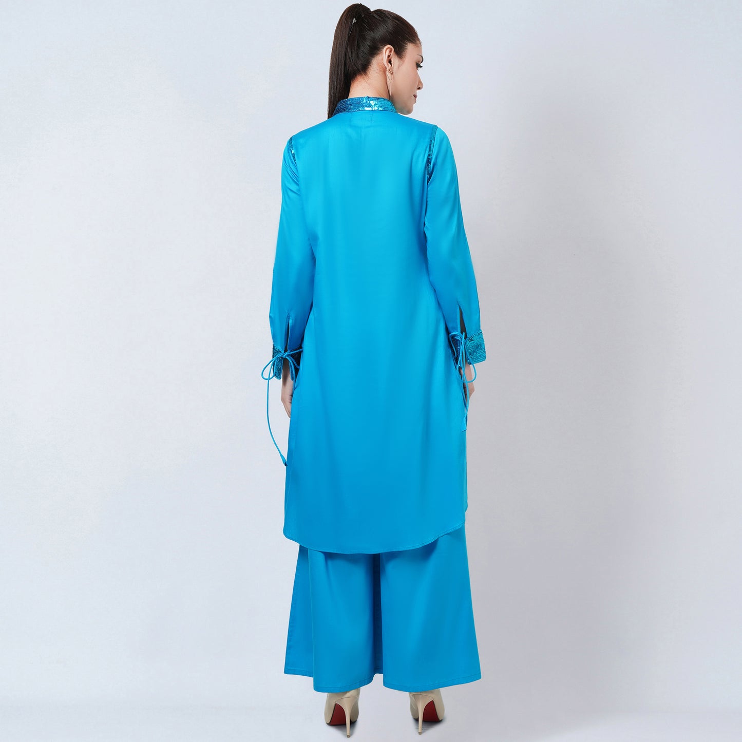 Blue Sequinned Shirt Dress and Wide Leg Pants