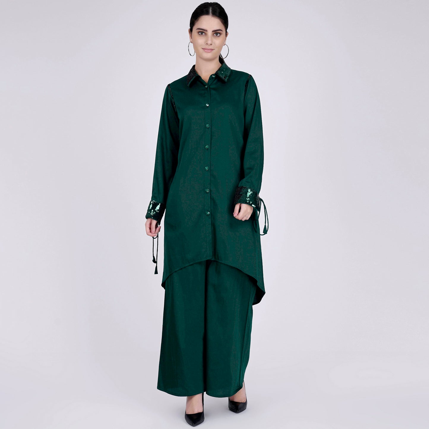 Bottle Green Sequinned Shirt Dress and Wide Leg Pants