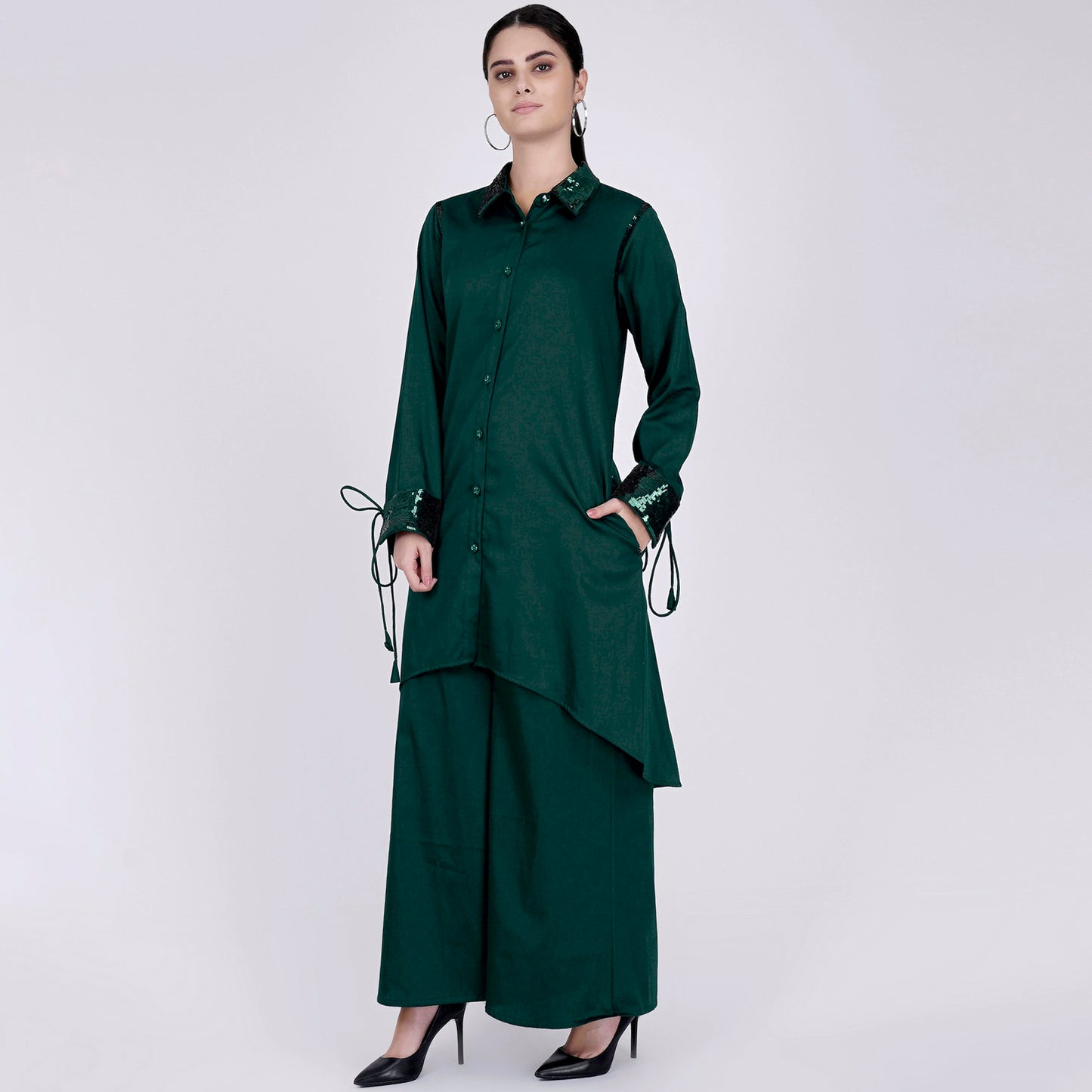 Bottle Green Sequinned Shirt Dress and Wide Leg Pants