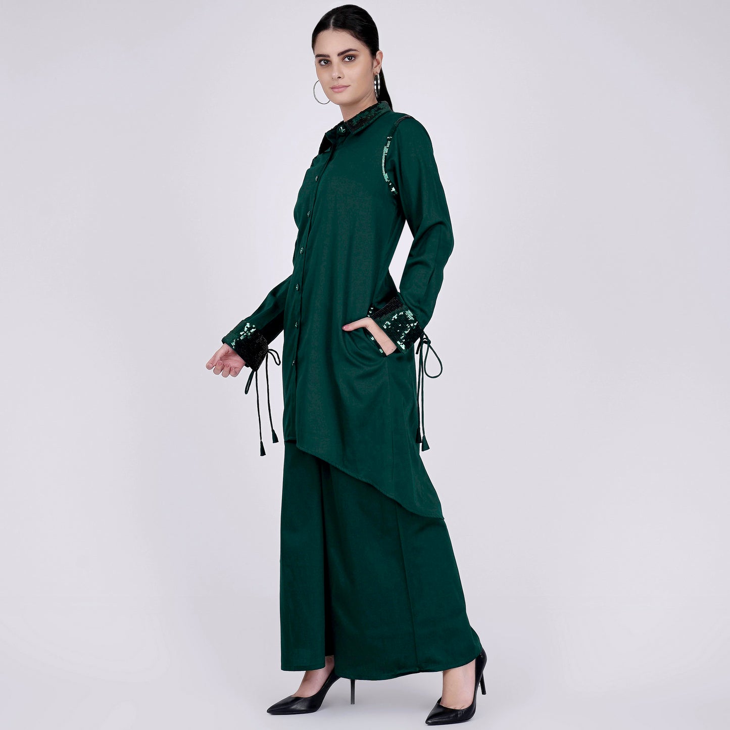 Bottle Green Sequinned Shirt Dress and Wide Leg Pants