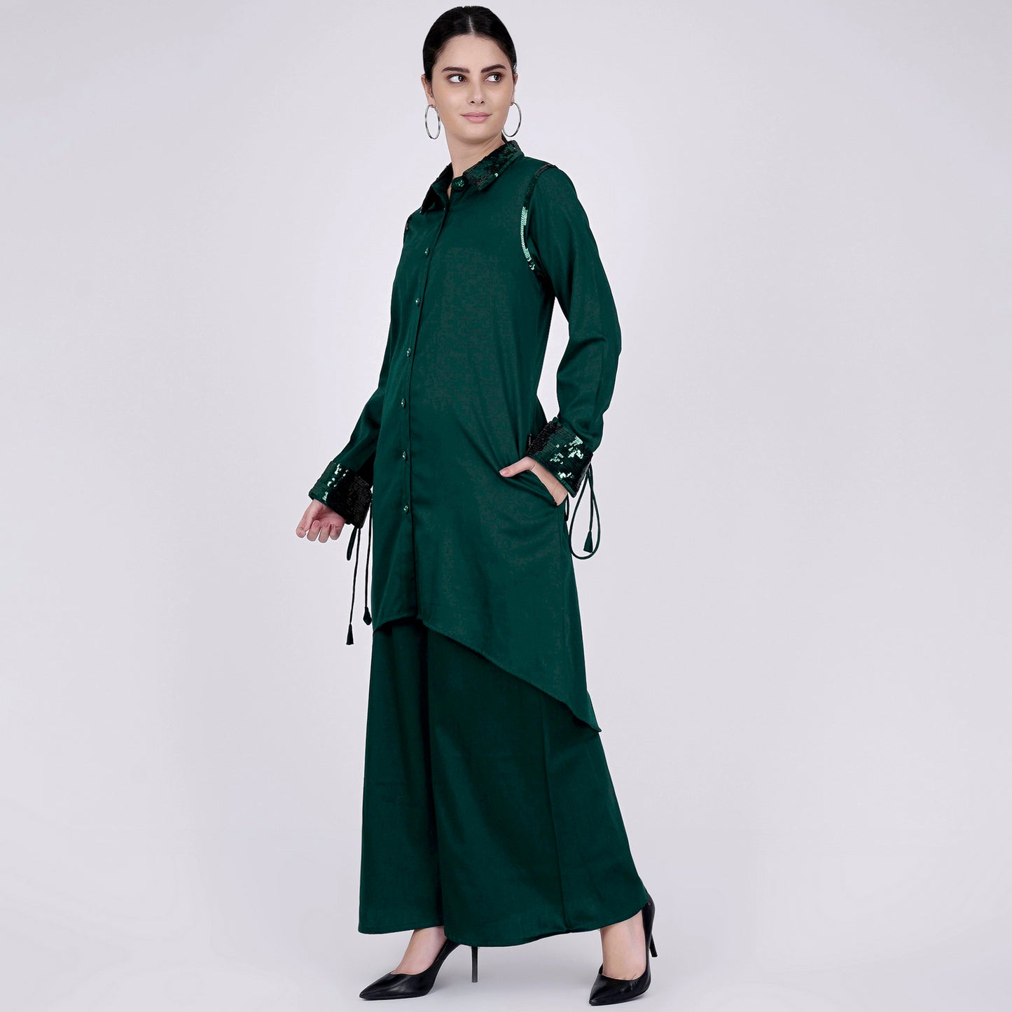 Bottle Green Sequinned Shirt Dress and Wide Leg Pants
