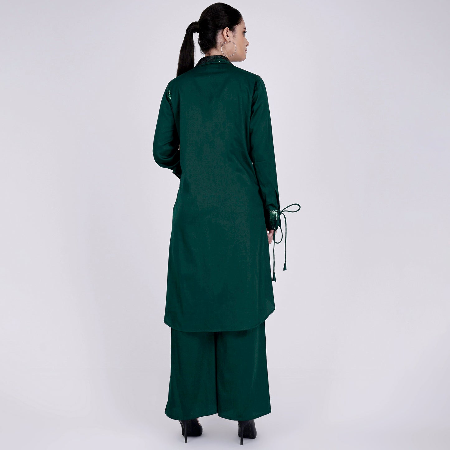 Bottle Green Sequinned Shirt Dress and Wide Leg Pants