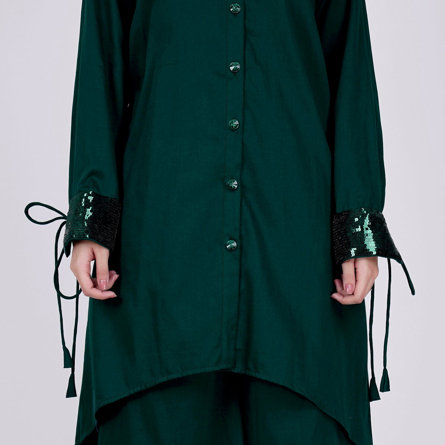 Bottle Green Sequinned Shirt Dress and Wide Leg Pants