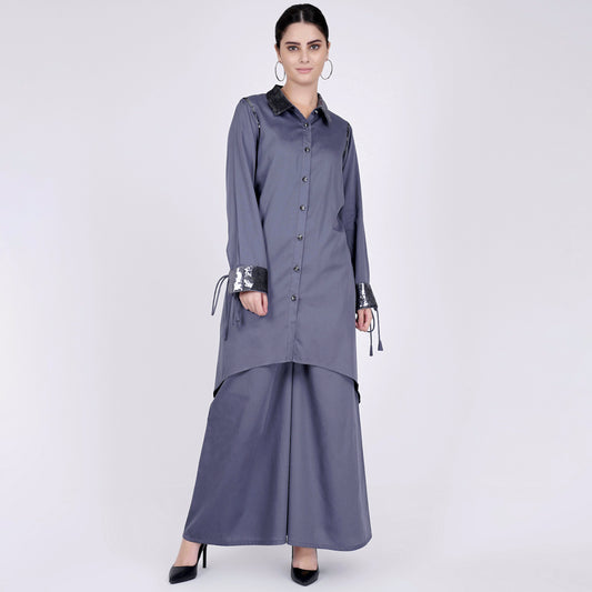 Grey Sequined Shirt Dress and Wide Leg Pants