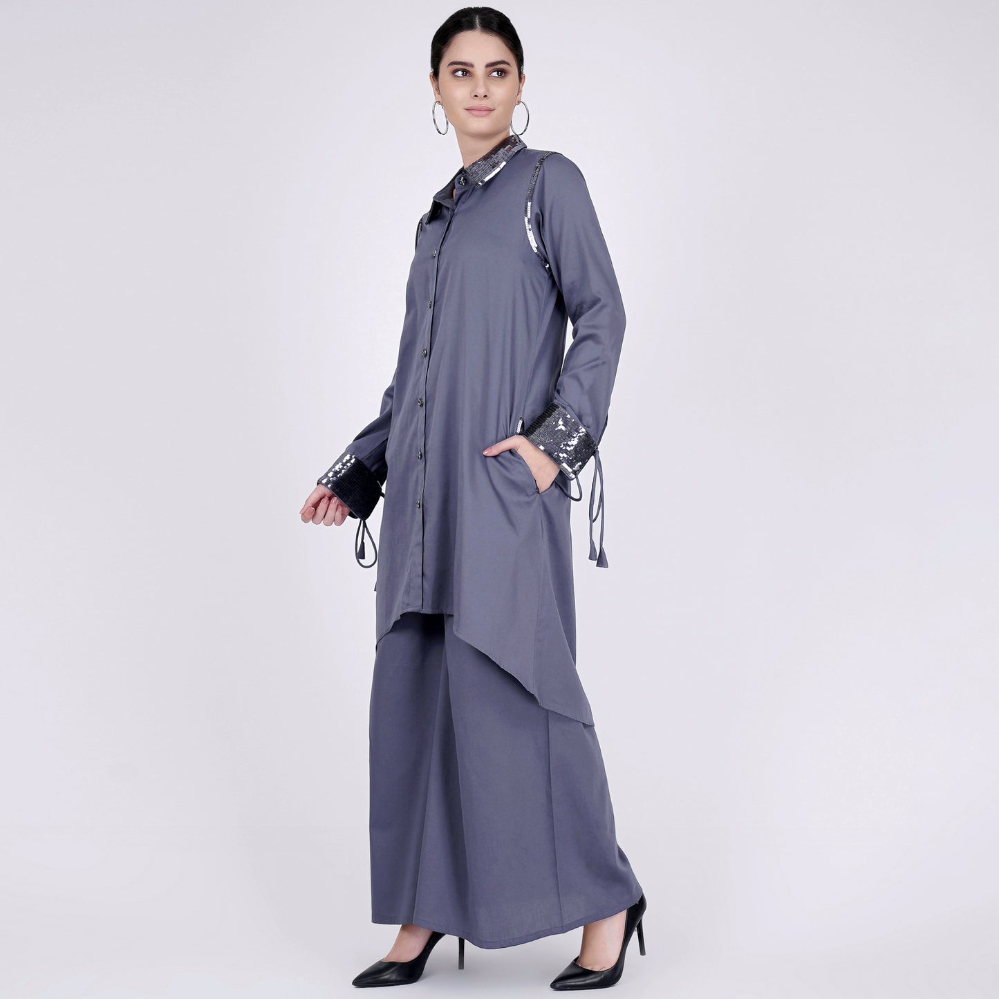 Grey Sequined Shirt Dress and Wide Leg Pants