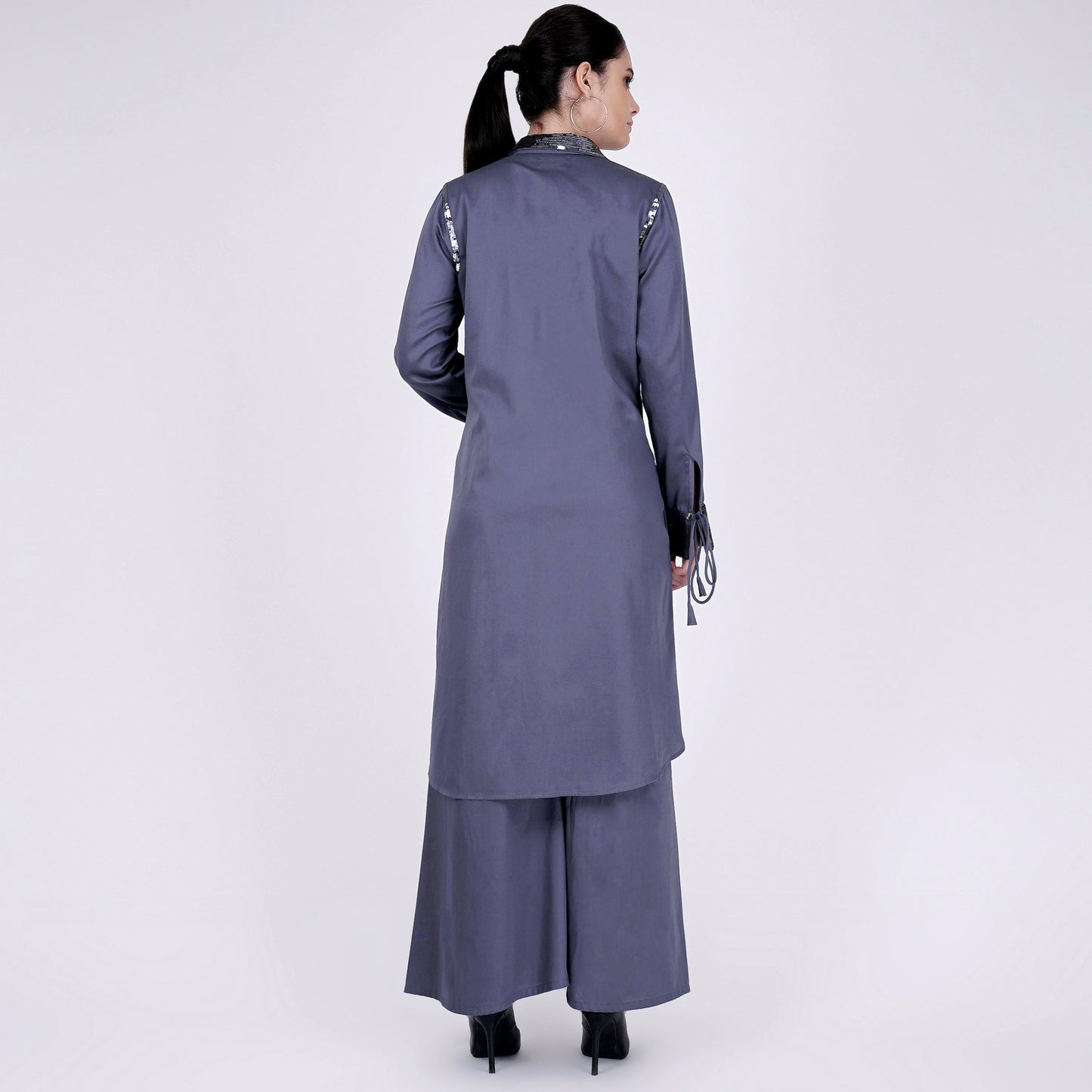 Grey Sequined Shirt Dress and Wide Leg Pants