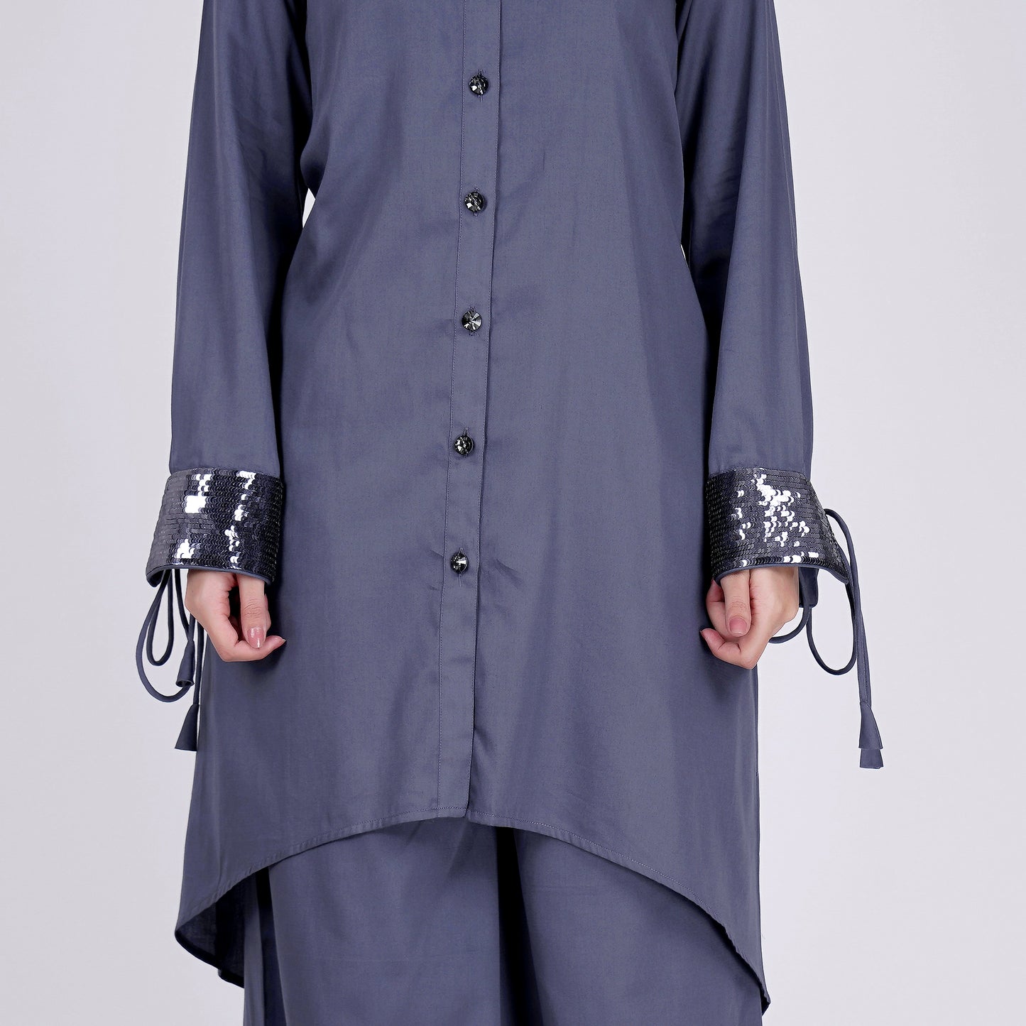 Grey Sequined Shirt Dress and Wide Leg Pants