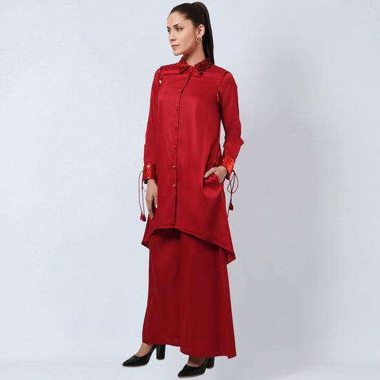 Red Sequinned Shirt Dress and Wide Leg Pants