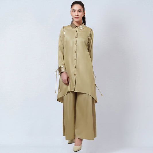 Sand Sequinned Shirt Dress and Wide Leg Pants