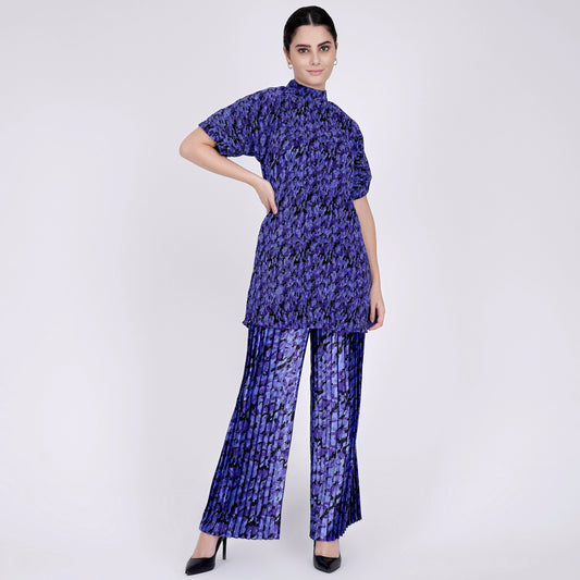 Blue Camouflage Print Top and Knife Pleated Palazzo Set